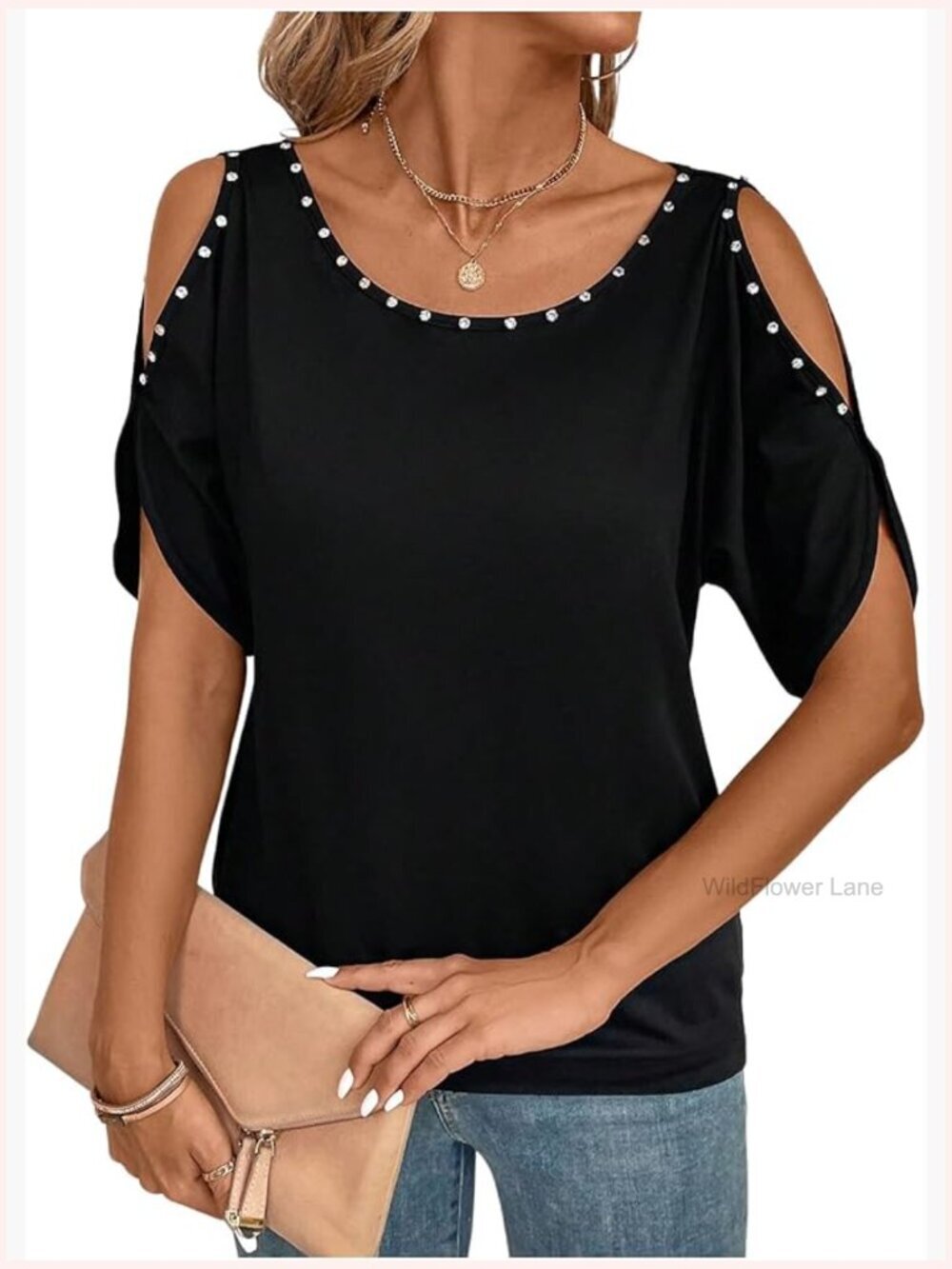 Women's Cold Shoulder Beaded Blouse Top Elegant Dressy Short Sleeve Scoop Neck